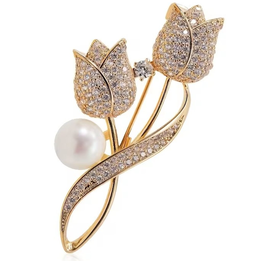 Elegant Tulip Brooch With Rhinestones And Pearl Z.91